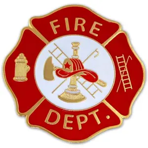 PinMart fire department badge hat pin on a blue background