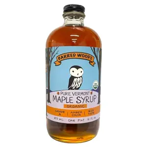 Barred Woods Organic Pure Vermont Maple Syrup in glass bottle Grade A Amber Rich Pint