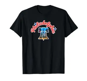 Patriotic t-shirt with Philadelphia skyline and Liberty Bell graphic, souvenir style for tour groups