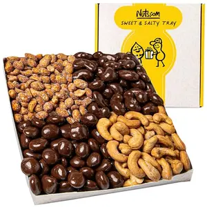 Nuts.com sweet and salty gift tray with cashews, peanuts, and chocolate-covered raisins
