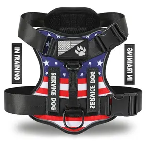 Demigreat USFLAG service dog harness with patches, reflective tape, and three leash clips on a medium dog