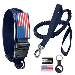 Tactical dog collar and bungee leash set in blue with USA flag patches and AirTag case