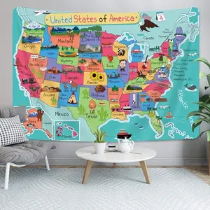 Colorful polyester tapestry with cartoon fun facts about each state