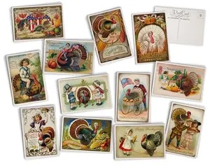 Hill Valley Greetings Antique Thanksgiving Turkey Post Cards - 24 Vintage Thanksgiving Postcards - Assorted Retro Thanksgiving Cards Printed on Vintage Textured Style Cardstock
