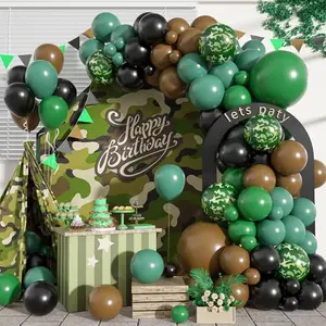 Wpensky camouflage balloon arch assembled at a baby shower entrance, with green and brown balloons