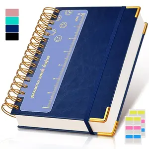 Navy hardcover spiral notebook with vegan leather and gold corner protectors