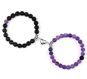 Set of two unisex magnetic heart couple bracelets with stone beads