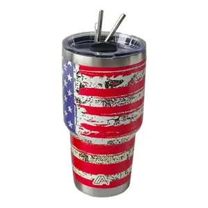 ABC Indus 30oz stainless steel USA flag tumbler with slider lid and straw, insulated for hot and cold drinks