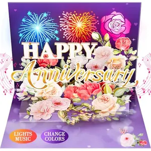 Pop up anniversary card with 3D flowers, LED fireworks lights, and music