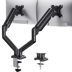 HUANUO dual monitor mount with aluminum arms holding two 27-inch screens