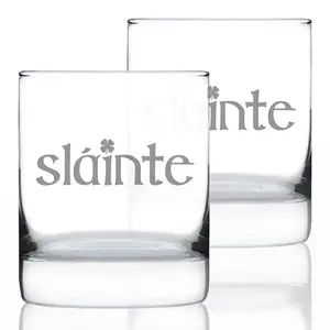 Set of two Bevvee Slainte Irish Cheers whiskey rocks glasses on a table