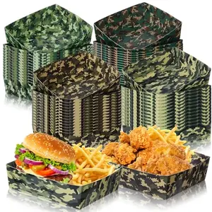 Ziliny camouflage paper food trays filled with snacks at a baby shower buffet