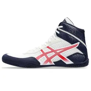 White and red ASICS MATCONTROL 3 wrestling shoes with reinforced outsole