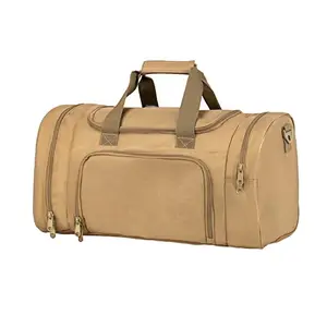 Military tactical outdoor gym bag in tan showing front mesh pocket and molle webbing