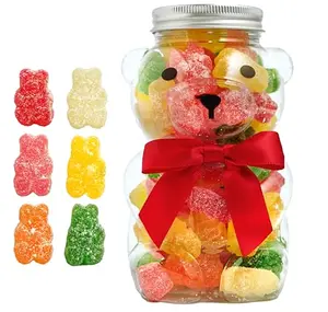 Bear-shaped jar filled with colorful sour gummy bears, tied with a cute bow
