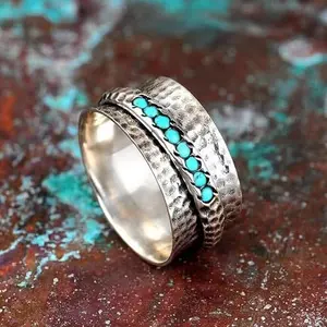 Victorian style spinner turquoise ring in sterling silver