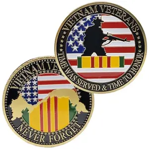 Gold plated Vietnam Veterans Never Forget challenge coin with map and service ribbon