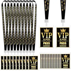25 sets of clear plastic badge holders with black lanyards and gold VIP cards