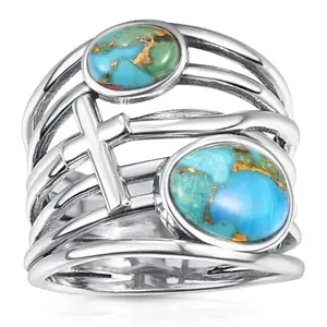 Phyonio turquoise ring with cross highway design on finger