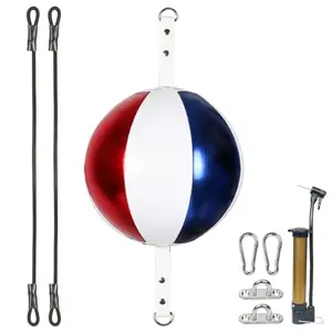 Blue, white, and red double end ball with bungee cords