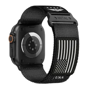 BXUXOHS black nylon Apple Watch band with American flag pattern and rugged metal buckle
