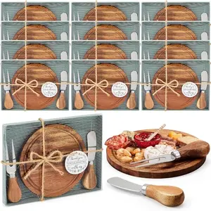Maxcheck set of 12 round acacia mini charcuterie boards with knives and forks in gift boxes