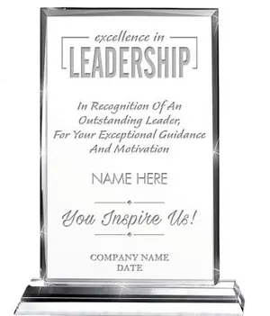 Excellence in Leadership crystal trophy with sleek beveled edges