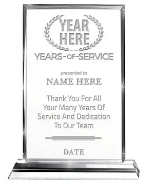 Crown Awards crystal years of service trophy with beveled edges and a blue gift box