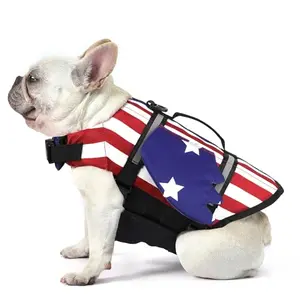 Dog wearing Petglad wings life jacket with USA flag design