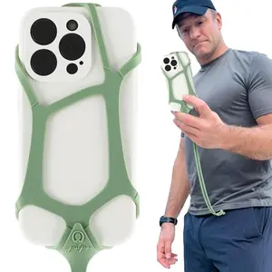 Pulpo Safety Cell Phone Lanyard in green, showing stretchable silicone holder and adjustable strap