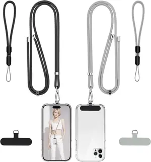 takyu phone lanyard 2-pack in black and grey, including neck strap, wrist strap, and tether tabs