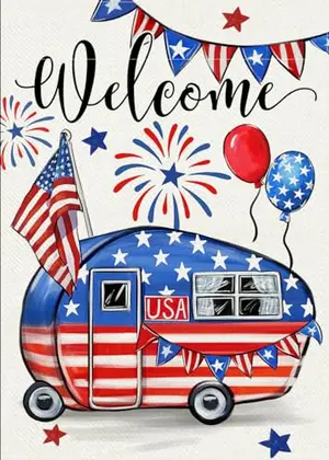 Covido patriotic camping garden flag with RV and fireworks design