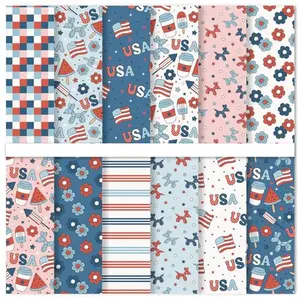 Stack of JarThenaAMCS patriotic patterned paper sheets with stars, flags, and flowers in red, white, and blue.