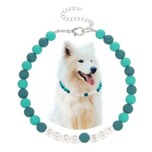 Madison Tyler Green Beaded Dog Necklace with buckle closure on a dog