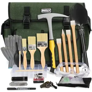 INCLY 26-piece rock hounding kit with hammer, chisels, shovel, and bag