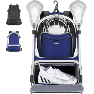 Arcoyard blue lacrosse backpack with two sticks attached