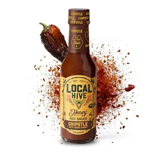 Local Hive Chipotle Texas Honey Hot Sauce 6oz bottle with brisket and honeycomb