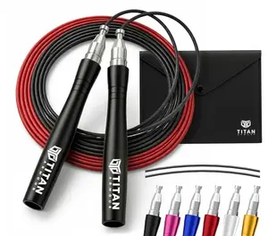 Titan Armour Speed Rope with black aluminum handles, two steel cables, and carrying case