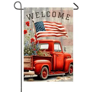 NISEVAN patriotic garden flag with red vintage truck and wildflowers design