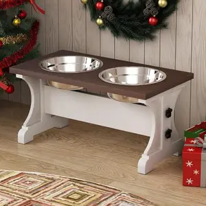 Piskyet farmhouse-style elevated wooden dog bowl stand with two stainless steel bowls