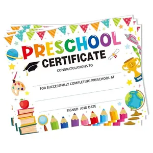 30-count pack of white preschool certificates with cute cartoon graphics on thick 190gsm paper