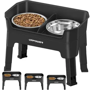URPOWER adjustable elevated dog bowl stand with two stainless steel bowls and licking plate