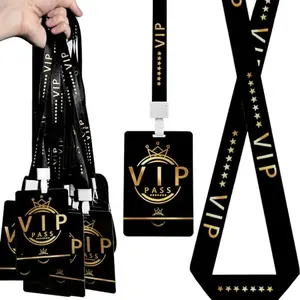 50 sets of black VIP badge lanyards with gold printing on plastic pass cards
