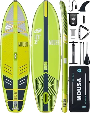 MOUSA 108 x 35 Extra Wide Inflatable Stand Up Paddle Board in yellow on water with yoga pose