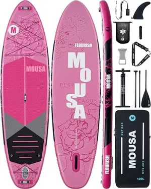 MOUSA 11 foot pink inflatable paddle board on water with yoga