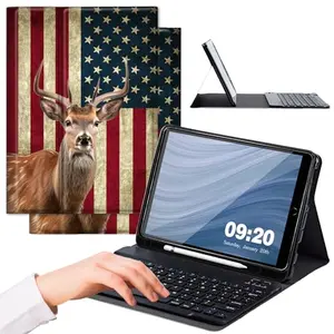 Cute elk and American flag design iPad keyboard case with detachable wireless keyboard and pencil holder for iPad 7th/8th/9th generation