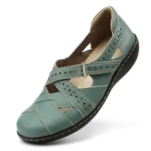 Irrefour green leather loafers with crisscross strap for teachers