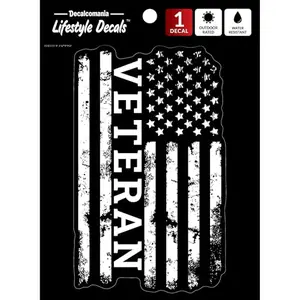 Black and white distressed veteran flag decal on car window