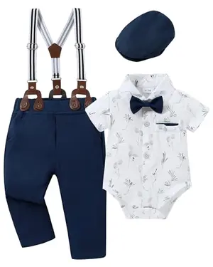CARETOO navy baby dress set with short sleeve romper, detachable bow tie, and suspender pants