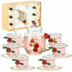 Mumufy red glass tea set with butterfly pattern and coasters